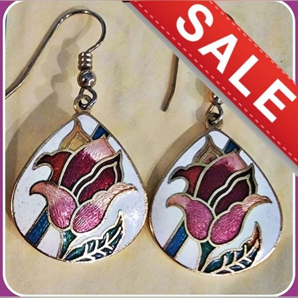 #Vintage 1984 Signed 'SG' #Cloisonne Dangle Earrings Tulip Floral 1.75" long. - Picture 1 of 5